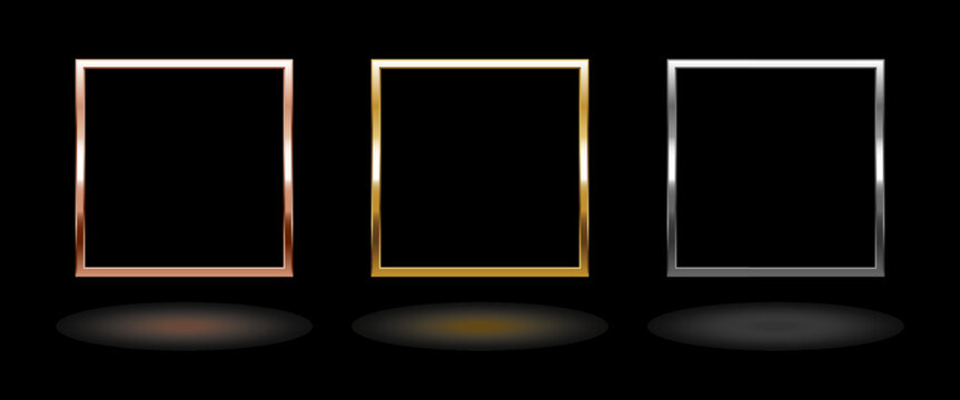 Shiny metal square frame. Isolated luxury pink gold, gold and silver border on black background. Set of glossy quadrilateral frame mockup design element. 3d Vector illustration.