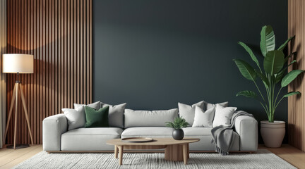 modern minimalist living room with gray sofa teal wall