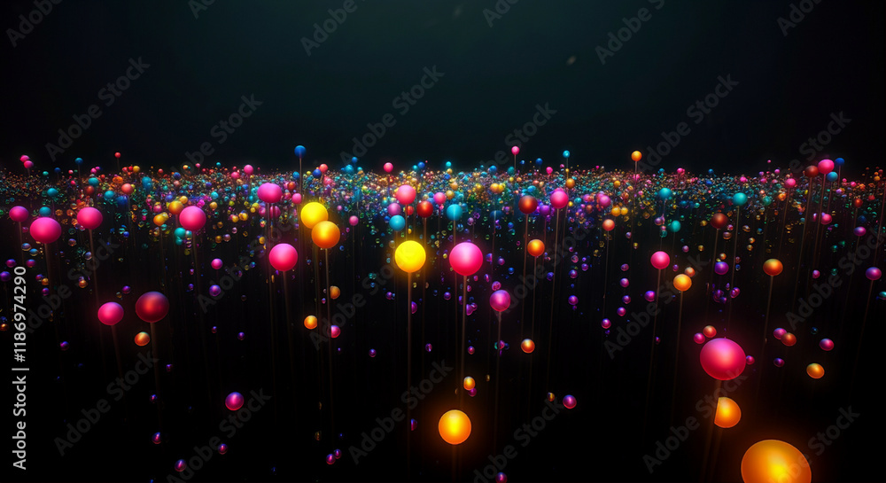 Poster colorful spheres in an abstract vibrant landscape with bold colors and dynamic patterns