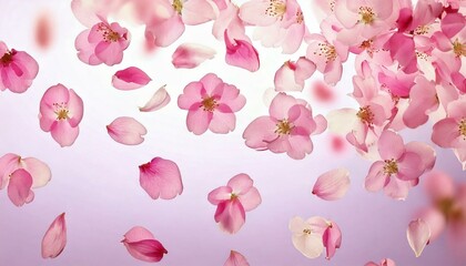 Cherry blossom flowers and petals gently falling against a light background