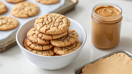 A bowl of freshly made peanut butter cookies stacked neatly, with a jar of peanut butter and a tray of raw cookie dough nearby