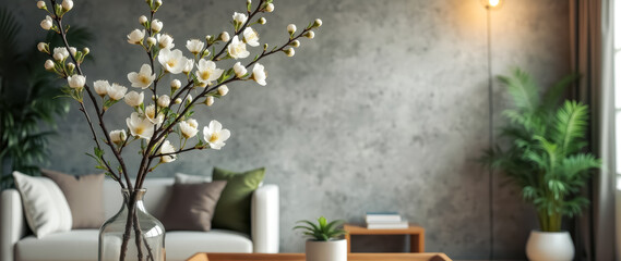 white blossoms a glass vase against a gray wall