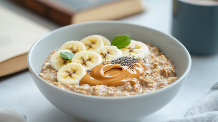 A bowl of overnight oats topped with a swirl of peanut butter, banana slices, and chia seeds, with a cozy morning setup of books and a cup of coffee in the background