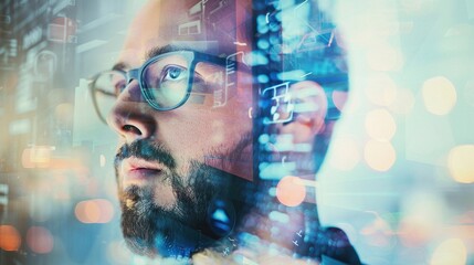 Thoughtful and focused businessman with beard and glasses deeply analyzing data technology and digital information in an urban office setting with cityscape reflected in window