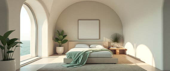 serene minimalist bedroom with ocean view