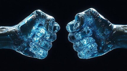 Studio photograph featuring two fists constructed from shimmering blue iridescent diamonds back of the hand view moody overhead lighting on black background