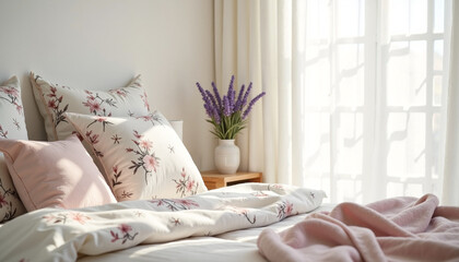 Cozy bedding with floral pillows and lavender vase in bright room