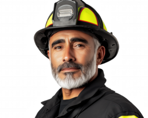 Professional firefighter portrait with helmet and safety gear