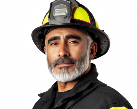 Professional firefighter portrait with helmet and safety gear