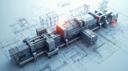 Futuristic 3D Rendered Machine With Industrial Blueprint Design Details