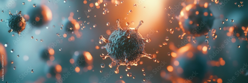 Poster floating viruses suspended in droplets of water under dramatic lighting conditions. generative ai