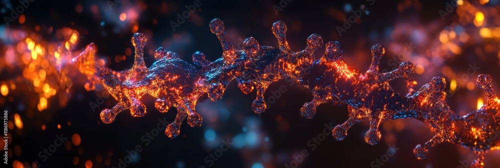 Poster detailed 3d visualization of a virus structure highlighting capsid spikes and rna strands with glowi