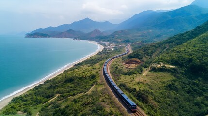 Coastal Train Journey Through Verdant Mountains