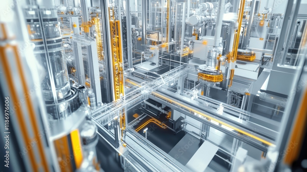 Poster high tech manufacturing facility showcasing automation, robotics, and advanced technology in a clean