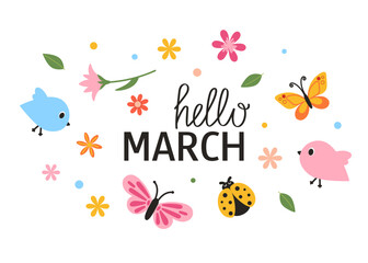 Hello March lettering phrase. Spring slogan with cute design elements. Vector illustration for card, scrapbooking, sale, background. 