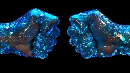 Studio photograph of two fists crafted with shimmering blue iridescent diamonds back of the hand view moody overhead lighting on black background