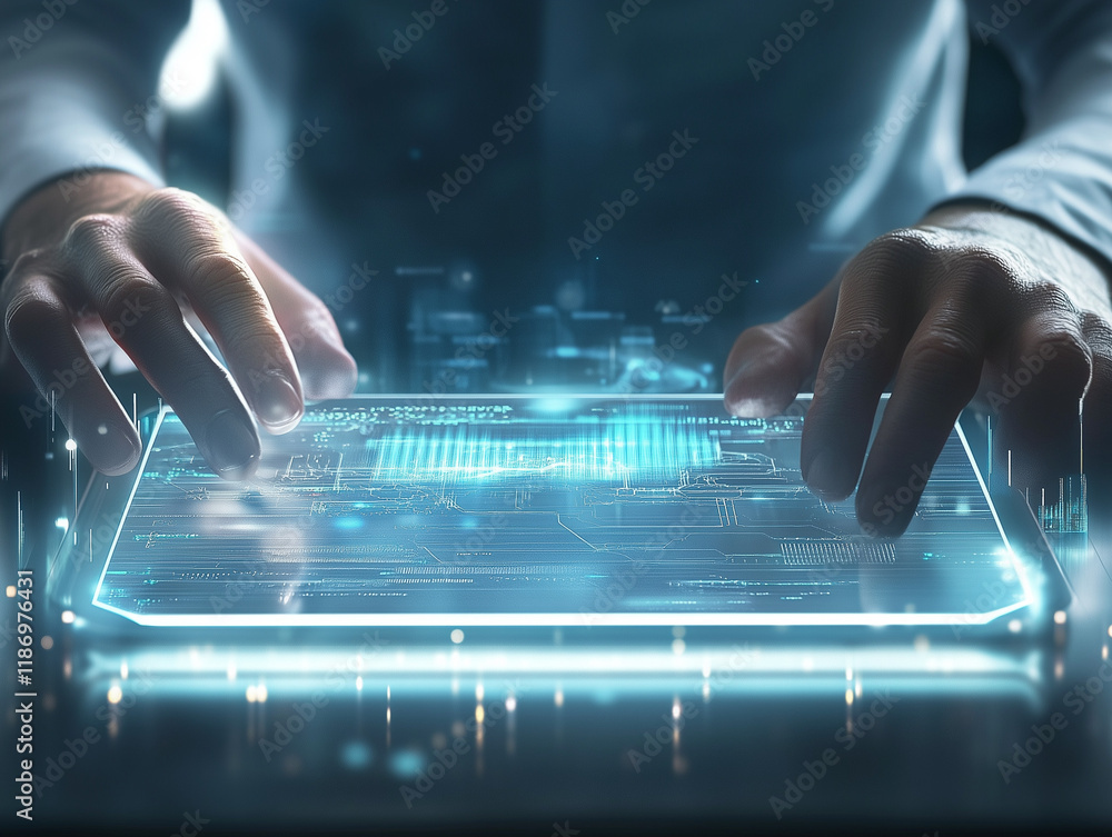 Poster man with futuristic digital tablet on a project