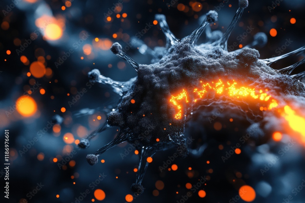 Fototapete detailed 3d visualization of a virus structure highlighting capsid spikes and glowing rna strands at