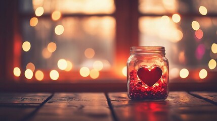 Glittering Red Heart Jar with Vintage Lights in Soft Bokeh Background