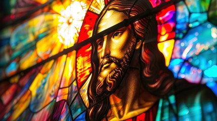 A vibrant stained glass window depicting Jesus