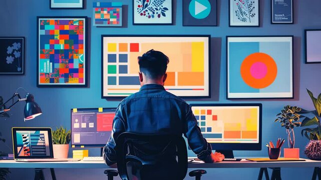 Creative graphic designer working in a modern studio with vibrant artwork and multiple monitors in the evening