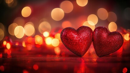 Festive Red Glitter Hearts with Bokeh Lights for Vintage Celebration