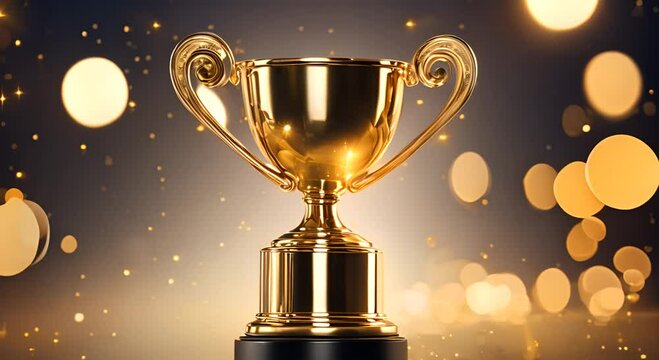 The golden trophy glimmers brightly amid a swirl of soft bokeh lights symbolizing victory and excellence in a festive atmosphere 4K