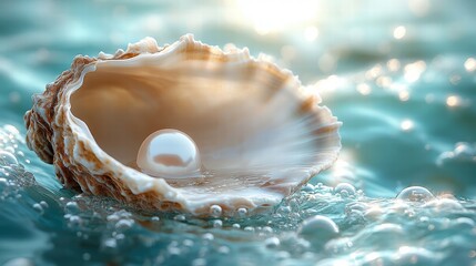 A pearl in a shell above a puddle of water with light shining