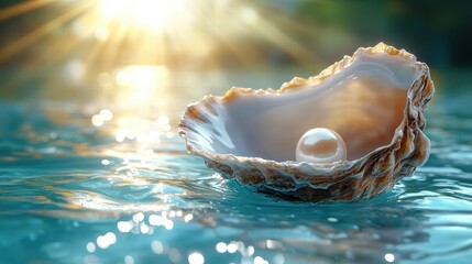 A pearl in a shell above a puddle of water with light shining