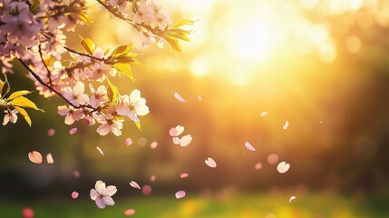 Fototapeta premium Sunlit Cherry Blossom Trees in Full Bloom with Soft Petals Falling