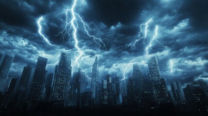 Fototapeta premium Dramatic lightning storm illuminating a bustling cityscape at night, with heavy rain pouring down, creating a captivating and intense atmosphere filled with energy and power