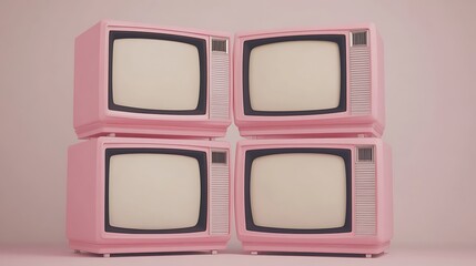 Fototapeta premium Stack of pink 90s televisions mock up four units white screens white background 8k real photo