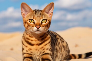 Obraz premium Portrait of a smiling ocicat cat in front of serene dune landscape background
