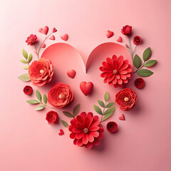 paper cut  style flower red flowers and heart shapes on pink background