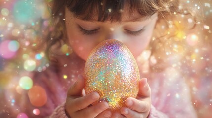 Fototapeta premium Child Gently Holds Sparkling Easter Egg