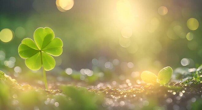 The golden four leaf clover shines brightly its sparkling surface juxtaposed against a dreamy green bokeh background 4K