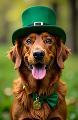 Portrait of a cute dog in a green hat on St. Patrick's Day 