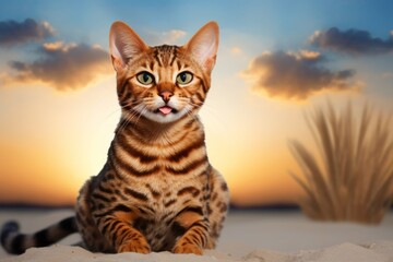 Obraz premium Portrait of a smiling ocicat cat isolated in serene dune landscape background