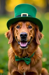Portrait of a cute dog in a green hat on St. Patrick's Day 
