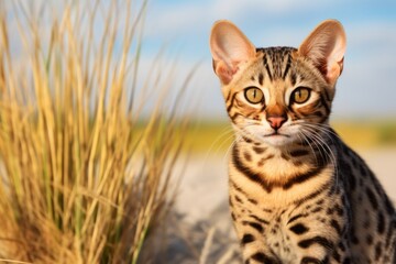 Obraz premium Portrait of a smiling ocicat cat in front of serene dune landscape background