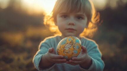 Naklejka premium Child Holding Decorated Easter Egg At Sunset