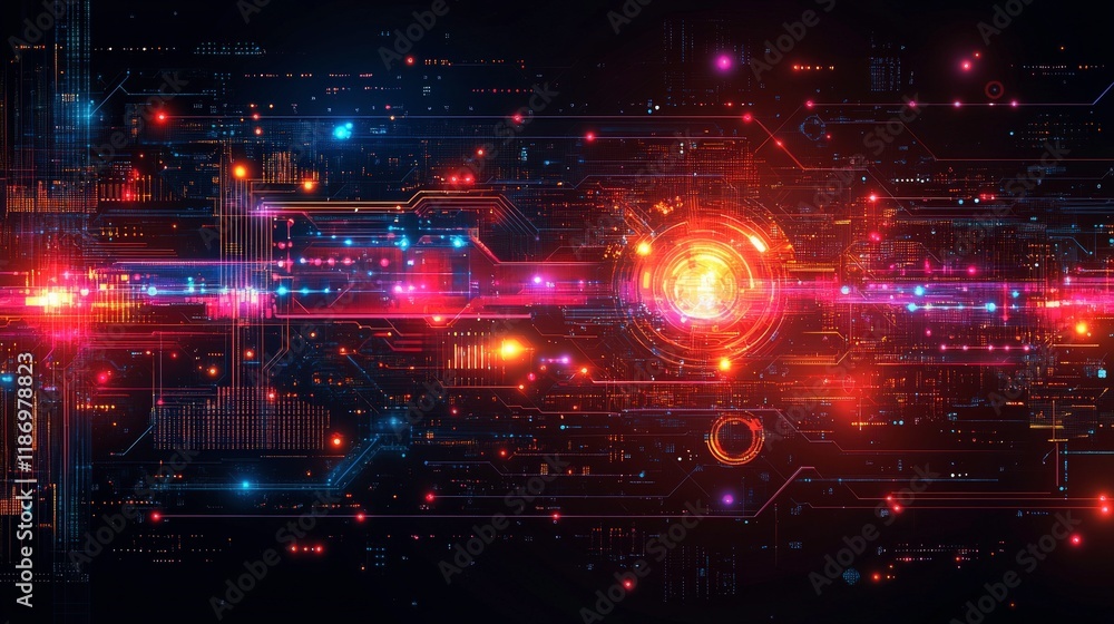 Poster abstract digital background with colorful lights and circuit patterns illustrating technology, data 