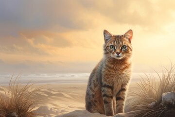 Obraz premium Portrait of a funny australian mist cat on serene dune landscape background