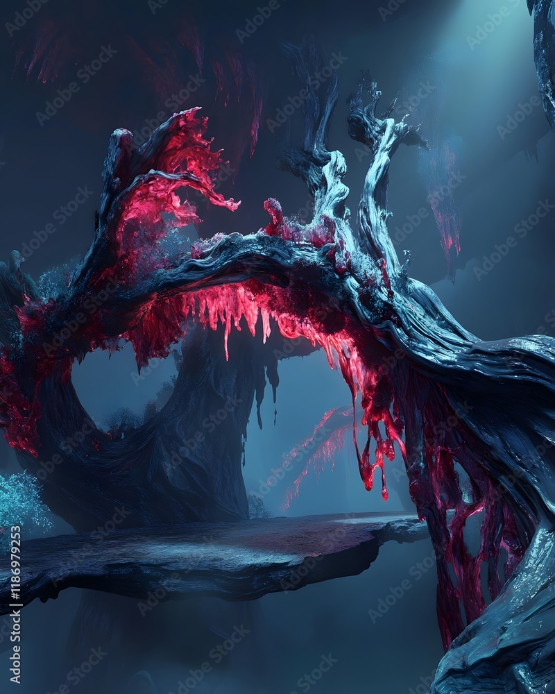 Poster a mystical landscape featuring twisted trees with glowing red elements in a dark setting.