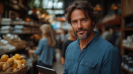 Fototapeta premium Confident man using tablet in a shop.