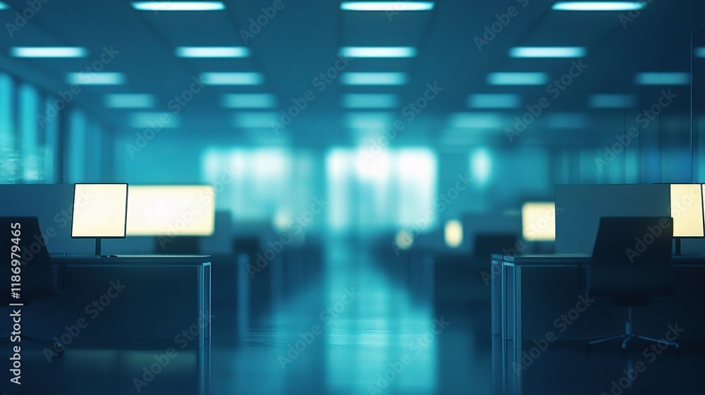 Poster fuzzy office environment with desks and computers in soft lighting