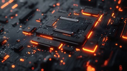 Glowing Circuit Board Closeup with Active CPU.