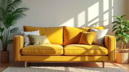 Fototapeta premium sunlit yellow couch a modern living room