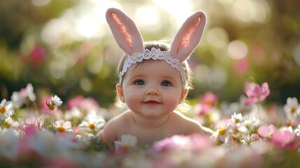 Adorable Baby Girl Wearing Bunny Ears In Flowers