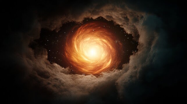 A stunning view of a swirling galaxy, radiating bright orange light, surrounded by dark clouds and speckled with distant stars, evoking the vastness of the universe.